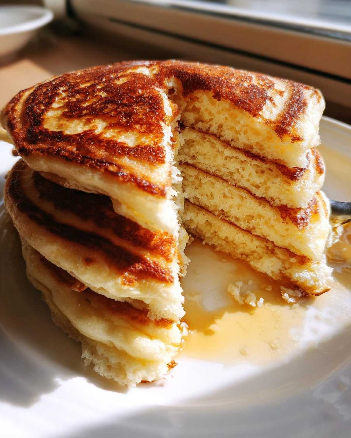 Close-up of a thick stack of fluffy greek yogurt pancakes cut open to show the airy interior, drizzled with syrup.