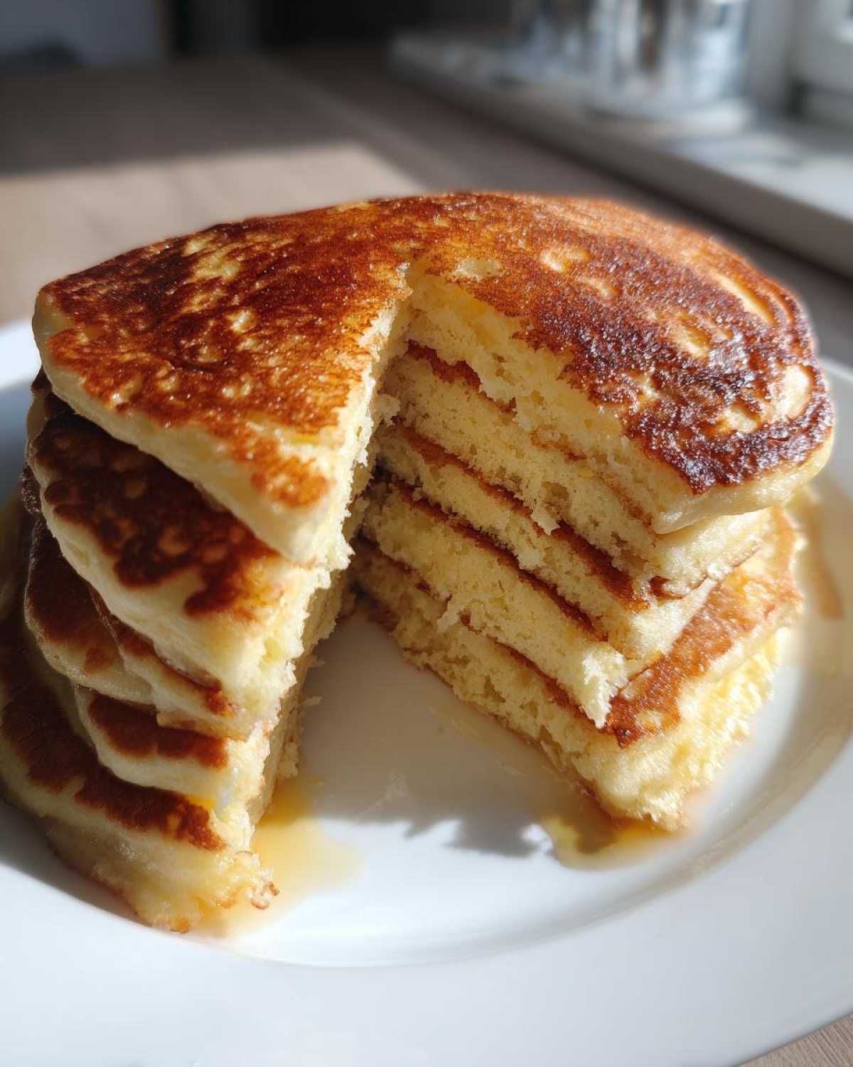 A thick stack of fluffy greek yogurt pancakes, cut to show the layers and drizzled with syrup.