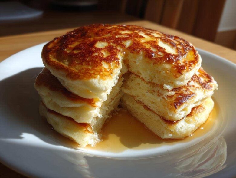 A tall stack of four fluffy greek yogurt pancakes, drizzled with syrup and cut open to show the texture.