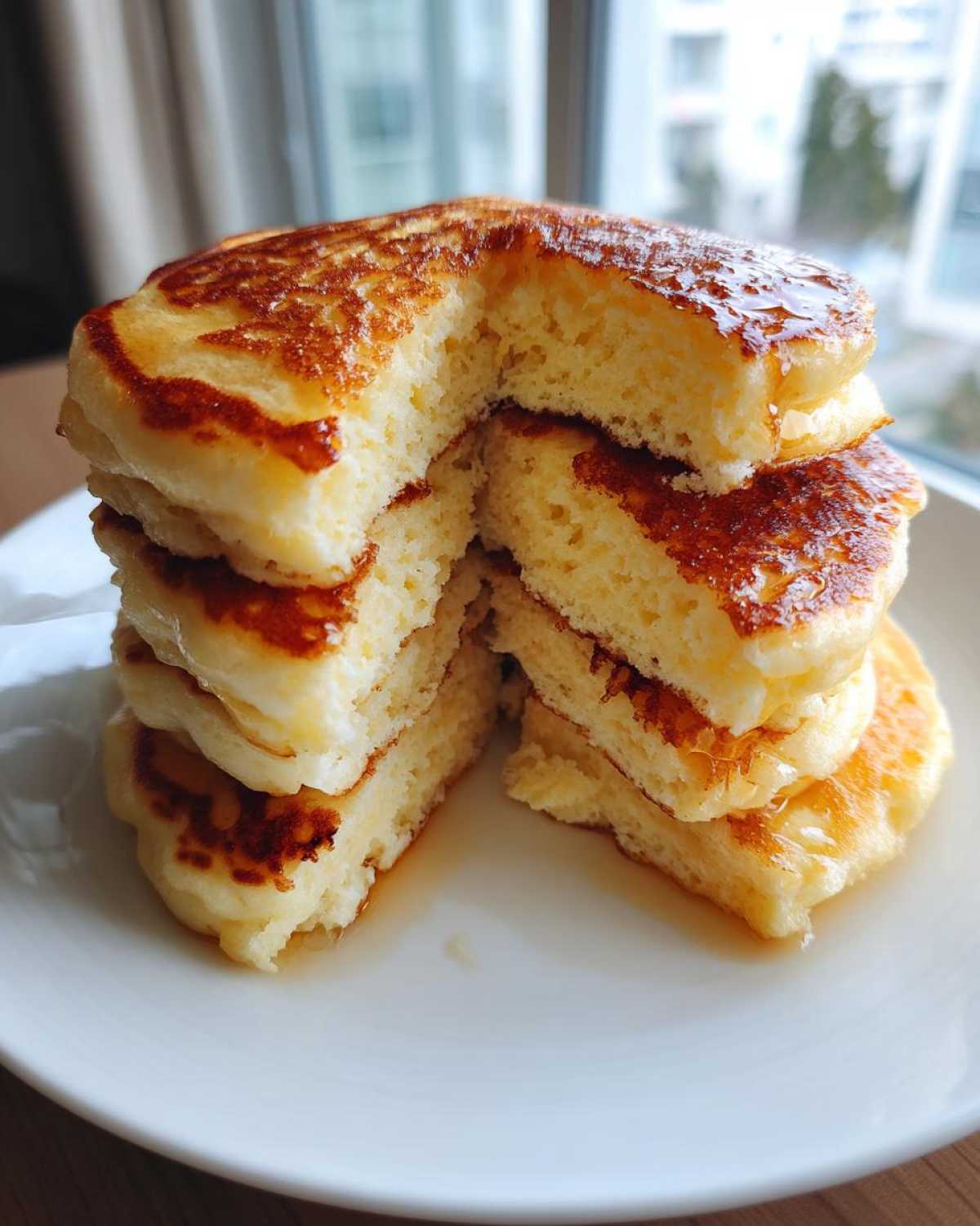 Close-up of a tall stack of fluffy greek yogurt pancakes cut in half, showing the airy interior and drizzled with syrup.