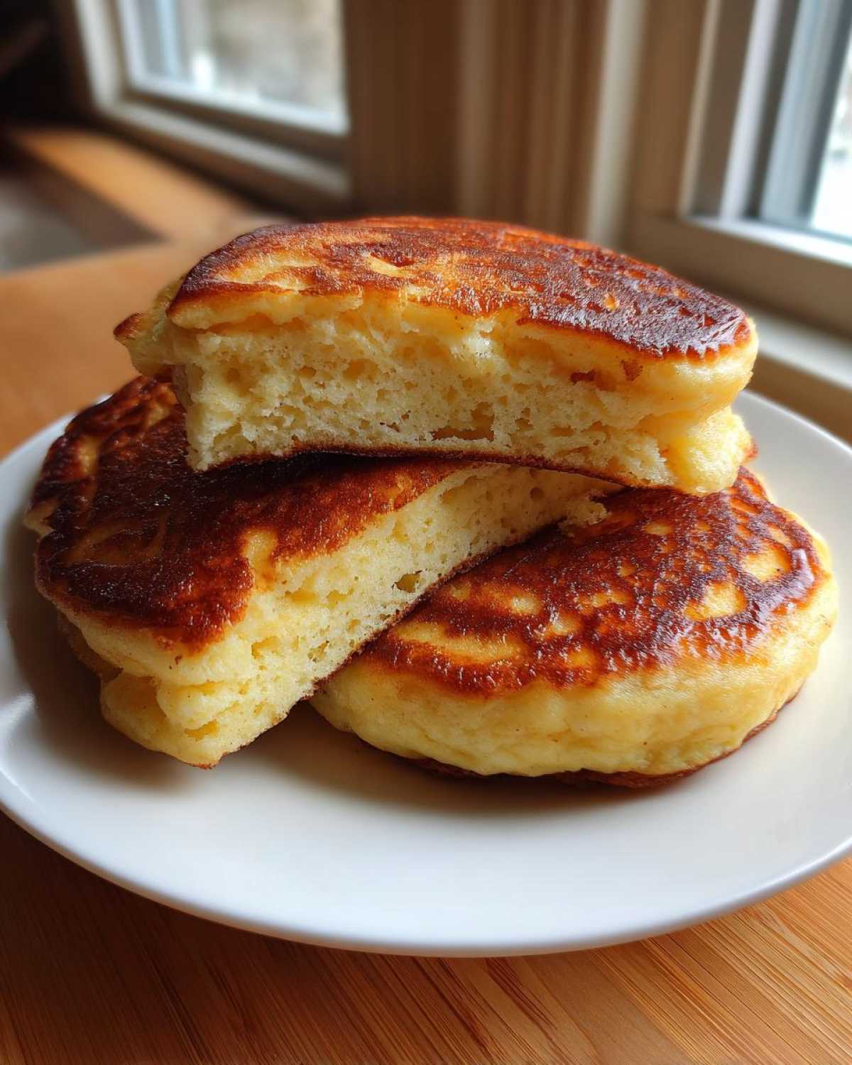Close-up of fluffy pancakes stacked, cut in half to show the airy, thick interior texture.