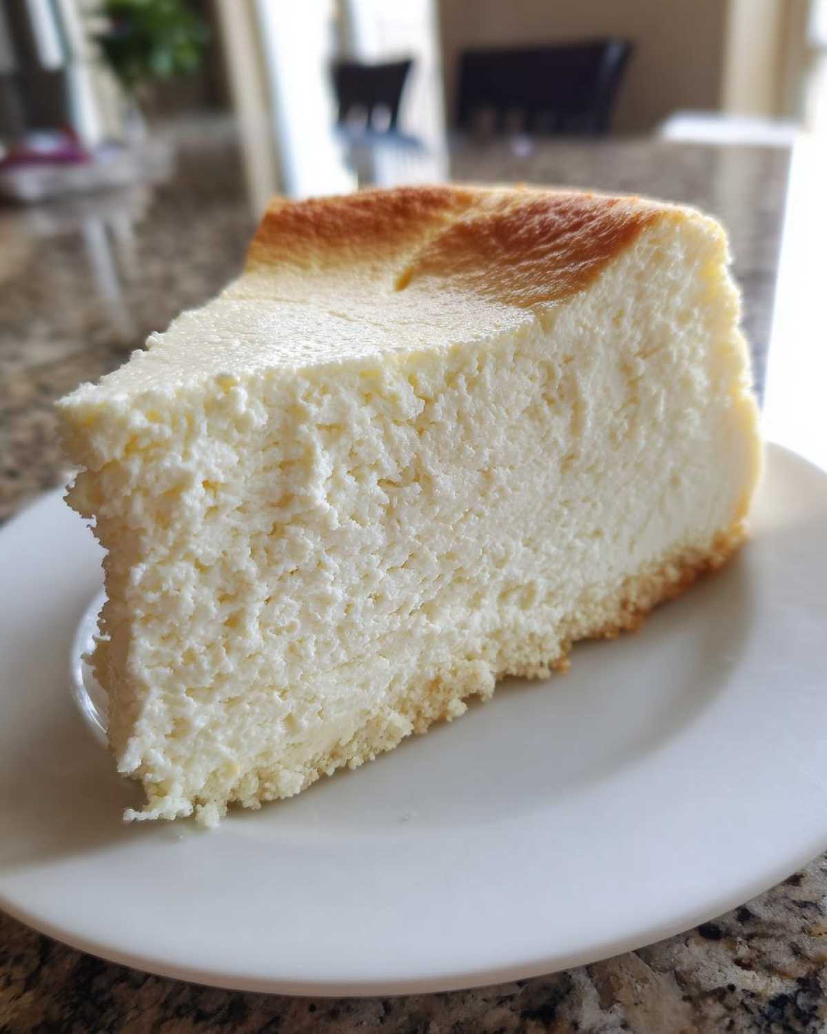 A thick, fluffy slice of baked Protein Cheesecake with a slightly browned top, served on a white plate.