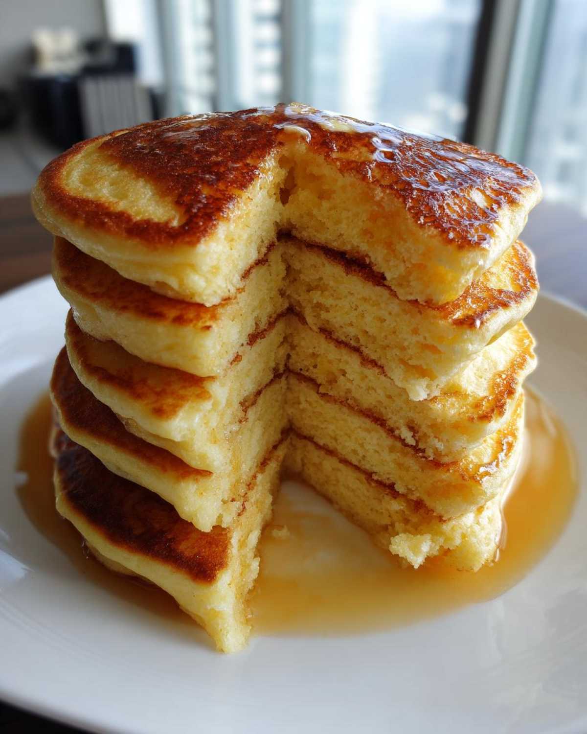 A tall stack of fluffy sourdough pancakes, cut to show the interior texture, drizzled with syrup.