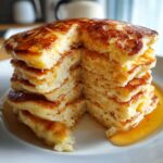 Close-up of a tall stack of fluffy sourdough pancakes with a piece removed, drizzled generously with golden syrup.