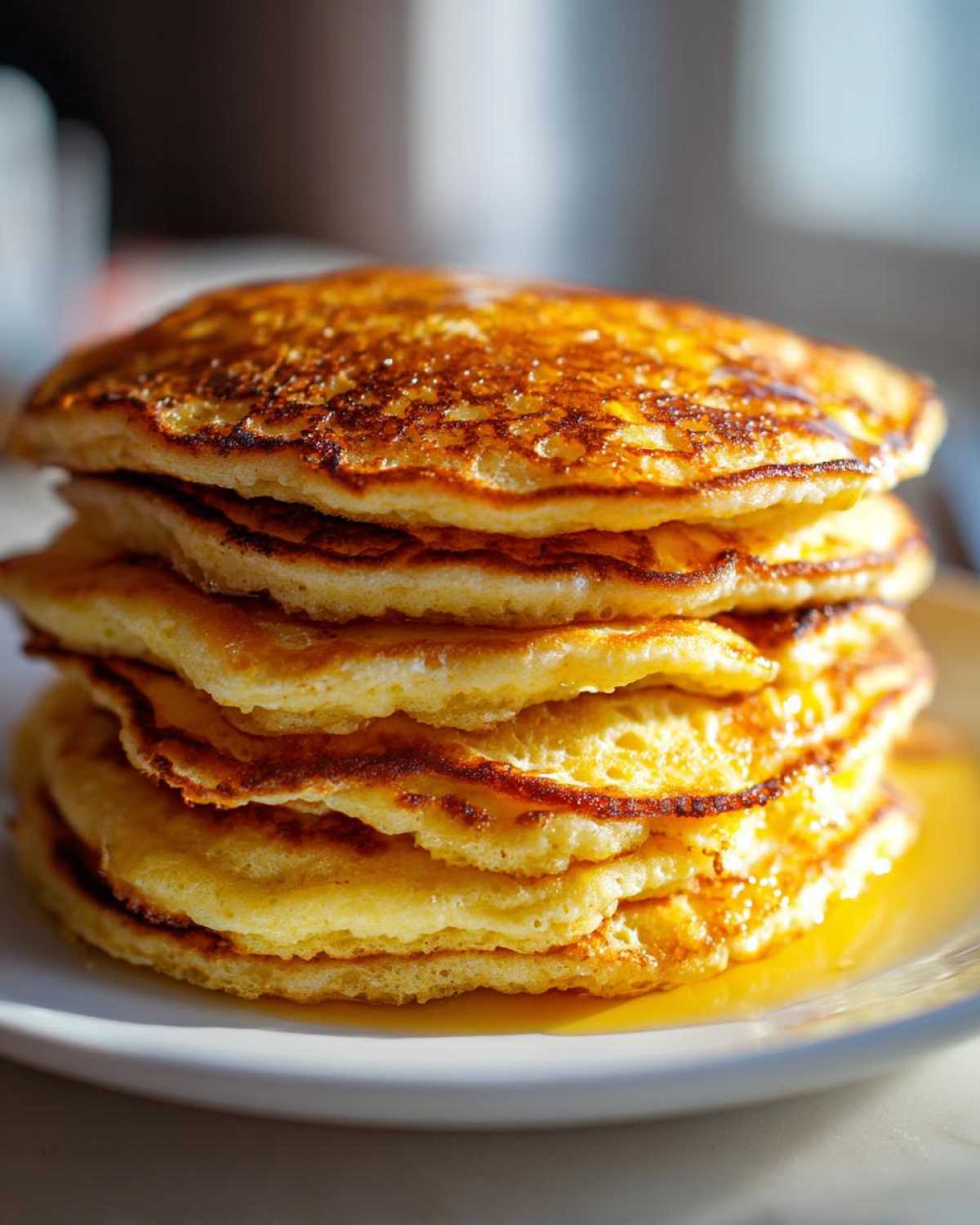 A tall stack of golden brown sourdough pancakes drizzled with syrup on a white plate.