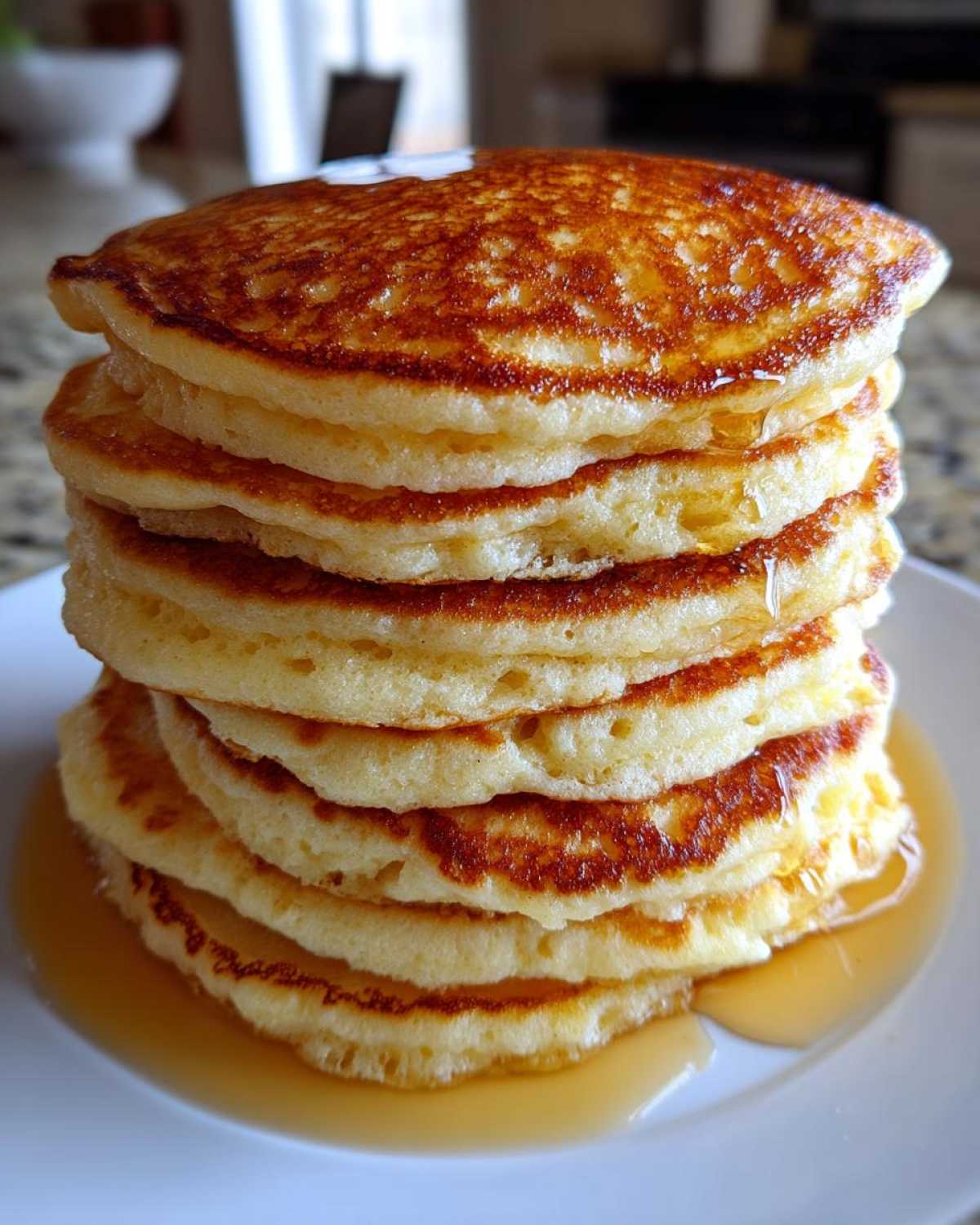 A tall stack of six golden-brown sourdough pancakes drizzled with maple syrup on a white plate.