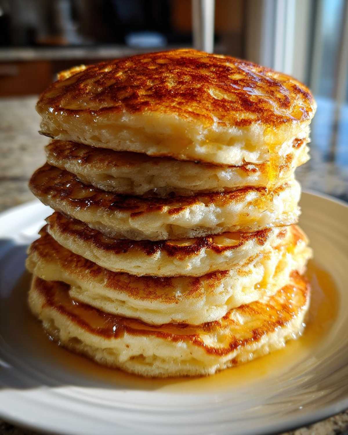 Close-up of a tall stack of golden brown sourdough pancakes drizzled with syrup.