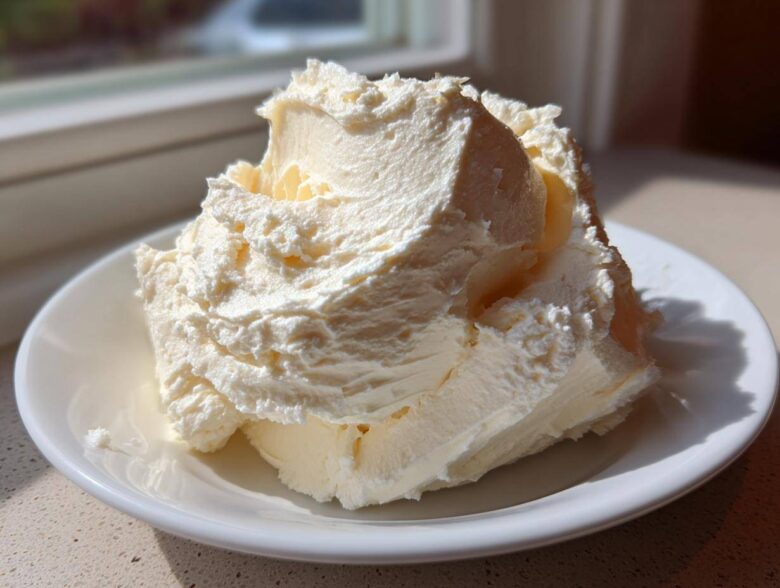 A generous dollop of light, fluffy vanilla buttercream frosting piled high on a small white plate.