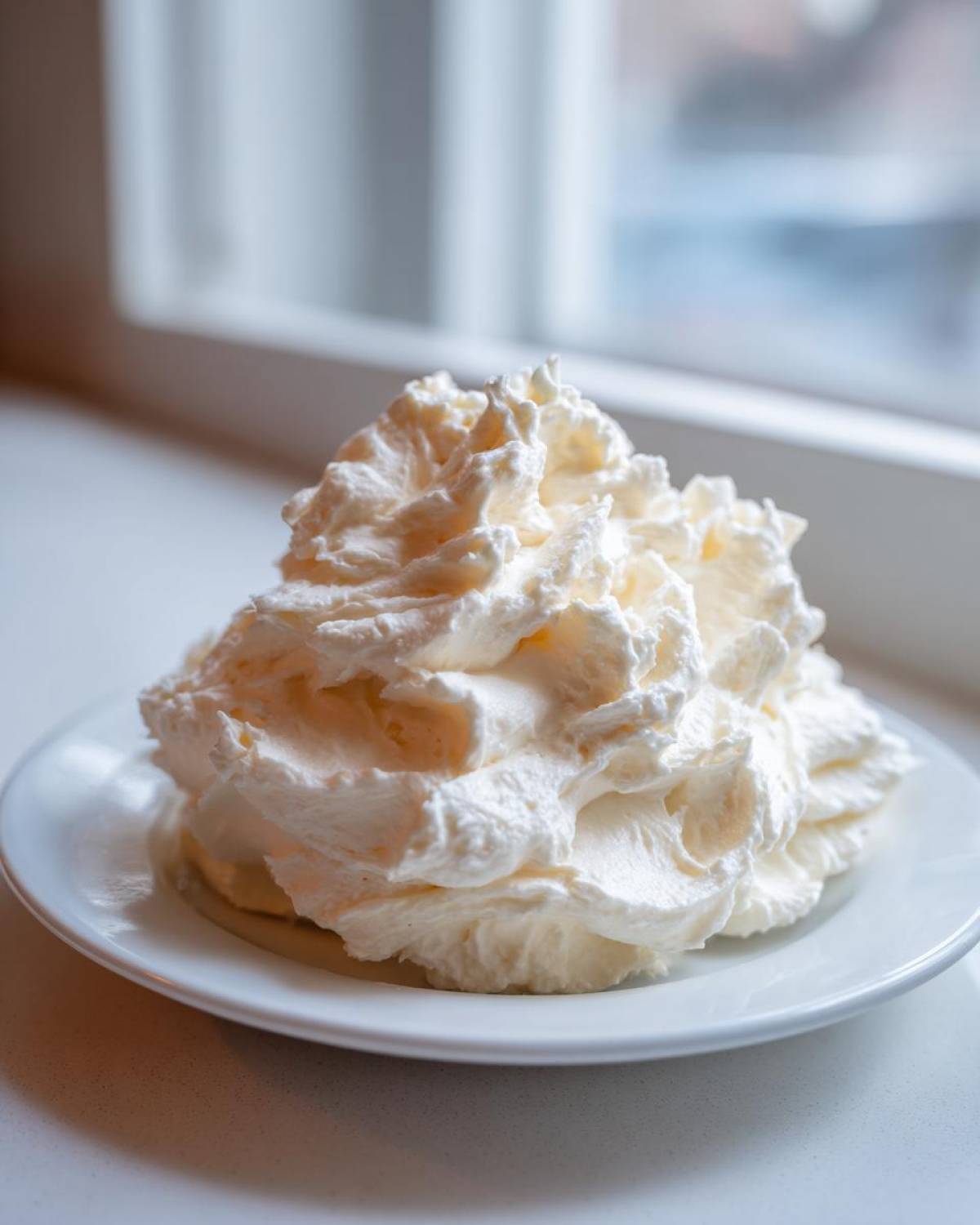 A large, perfectly piped mound of creamy vanilla buttercream frosting sitting on a small white plate near a window.