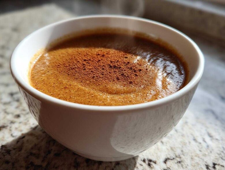 Close-up of warm applesauce in a white bowl, topped with ground cinnamon.