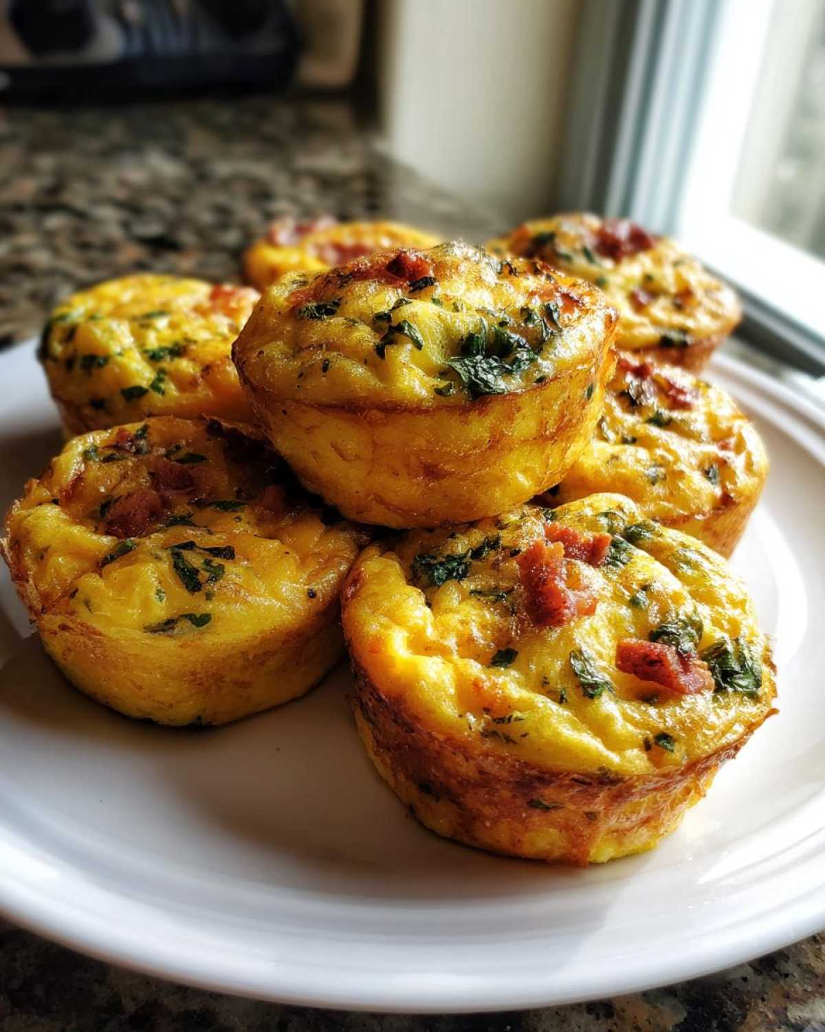 A pile of golden brown, fluffy egg bites made with bacon and green herbs served on a white plate.