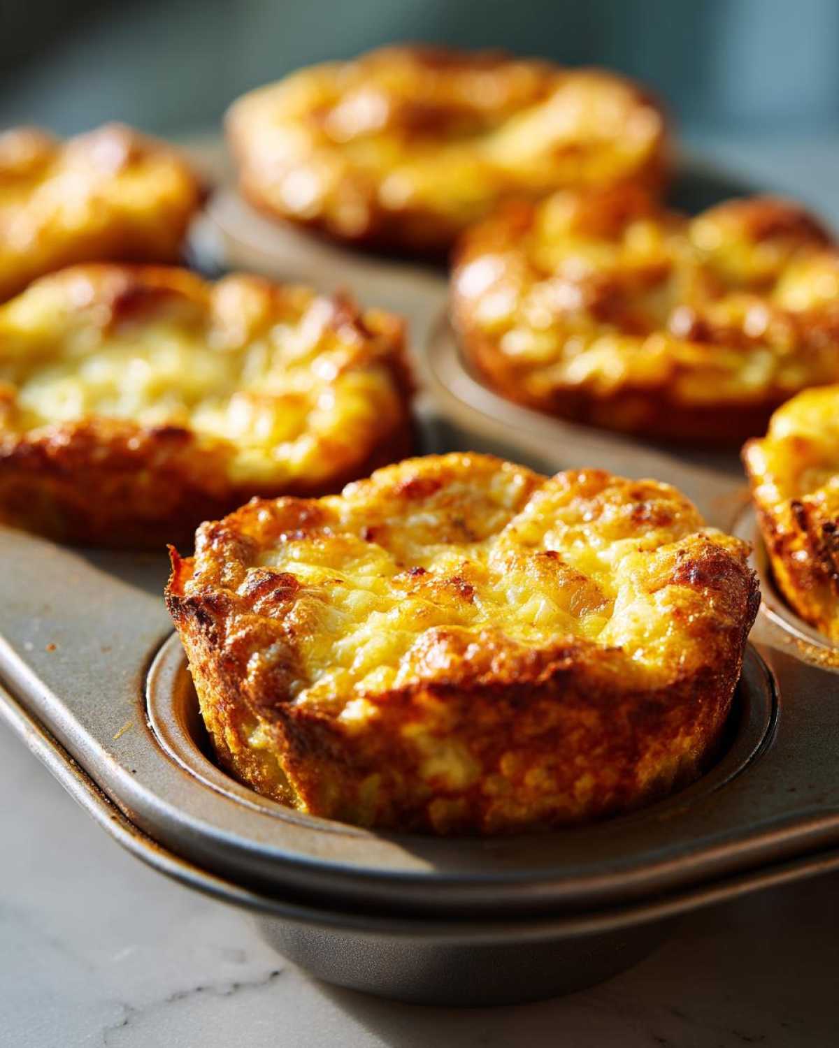 Close-up of golden brown Egg Muffin Cups baked in a metal muffin tin, showing cheesy tops.