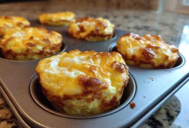 Close-up of freshly baked, golden-brown Egg Muffin Cups still resting in a metal muffin tin.