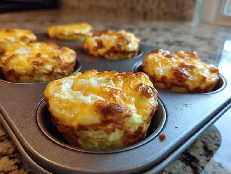 Close-up of freshly baked, golden-brown Egg Muffin Cups still resting in a metal muffin tin.