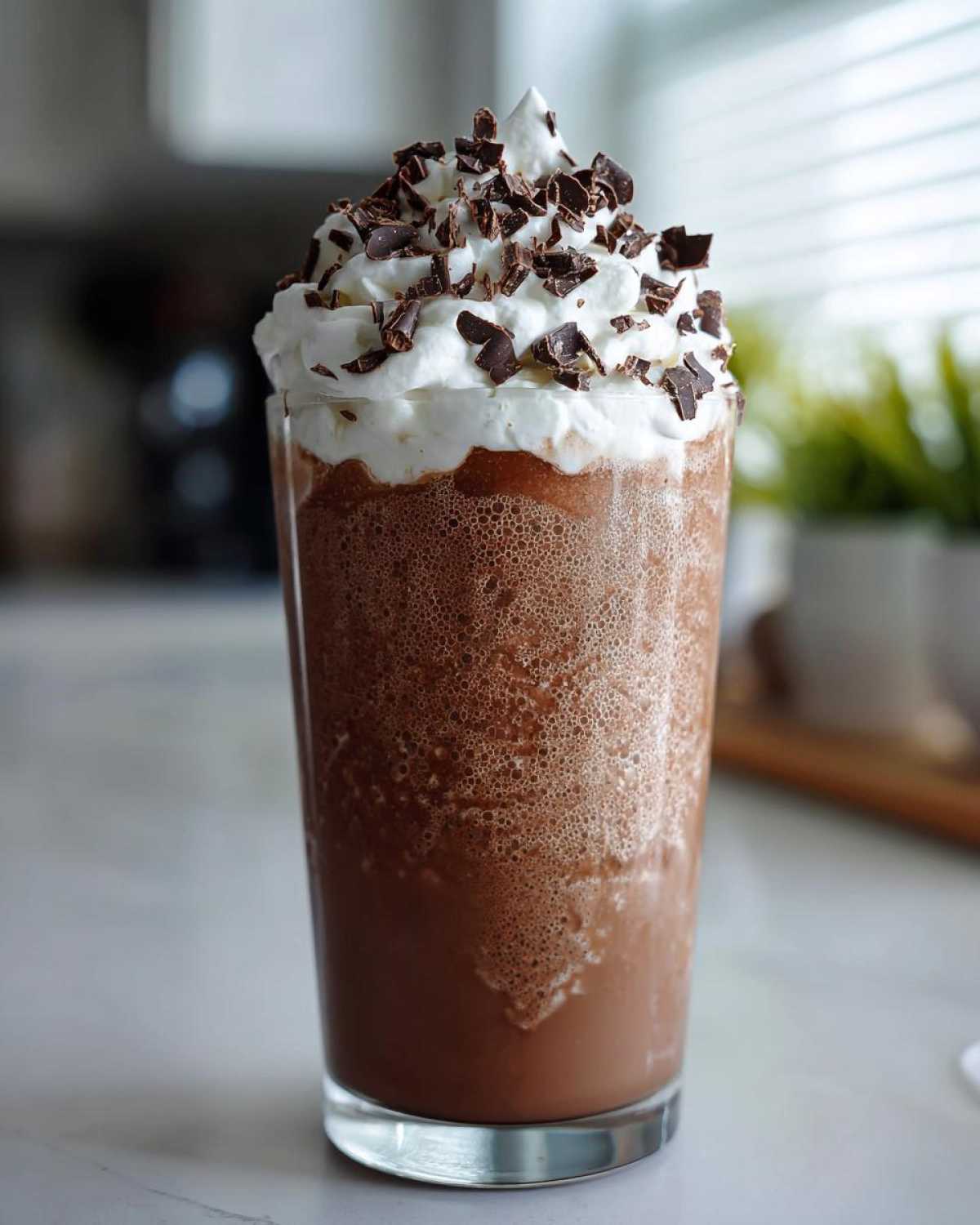 A tall glass filled with blended frozen hot chocolate, topped with whipped cream and chocolate shavings.