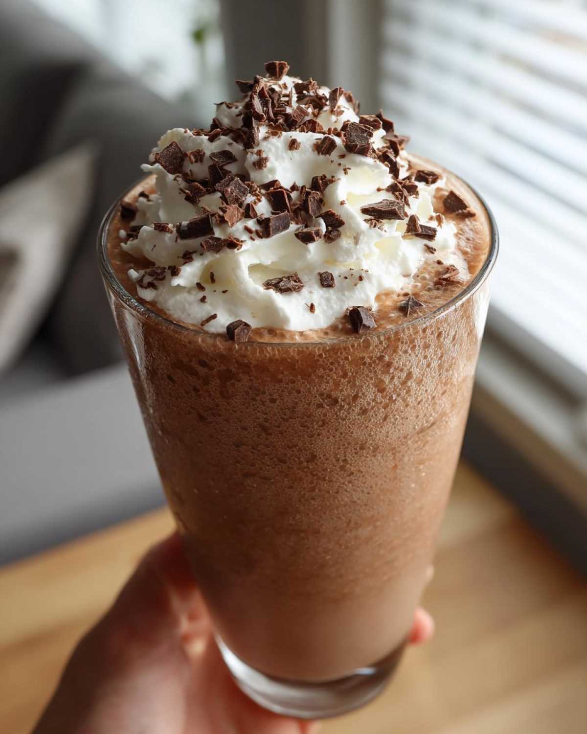 A tall glass of blended frozen hot chocolate topped with whipped cream and chocolate shavings.