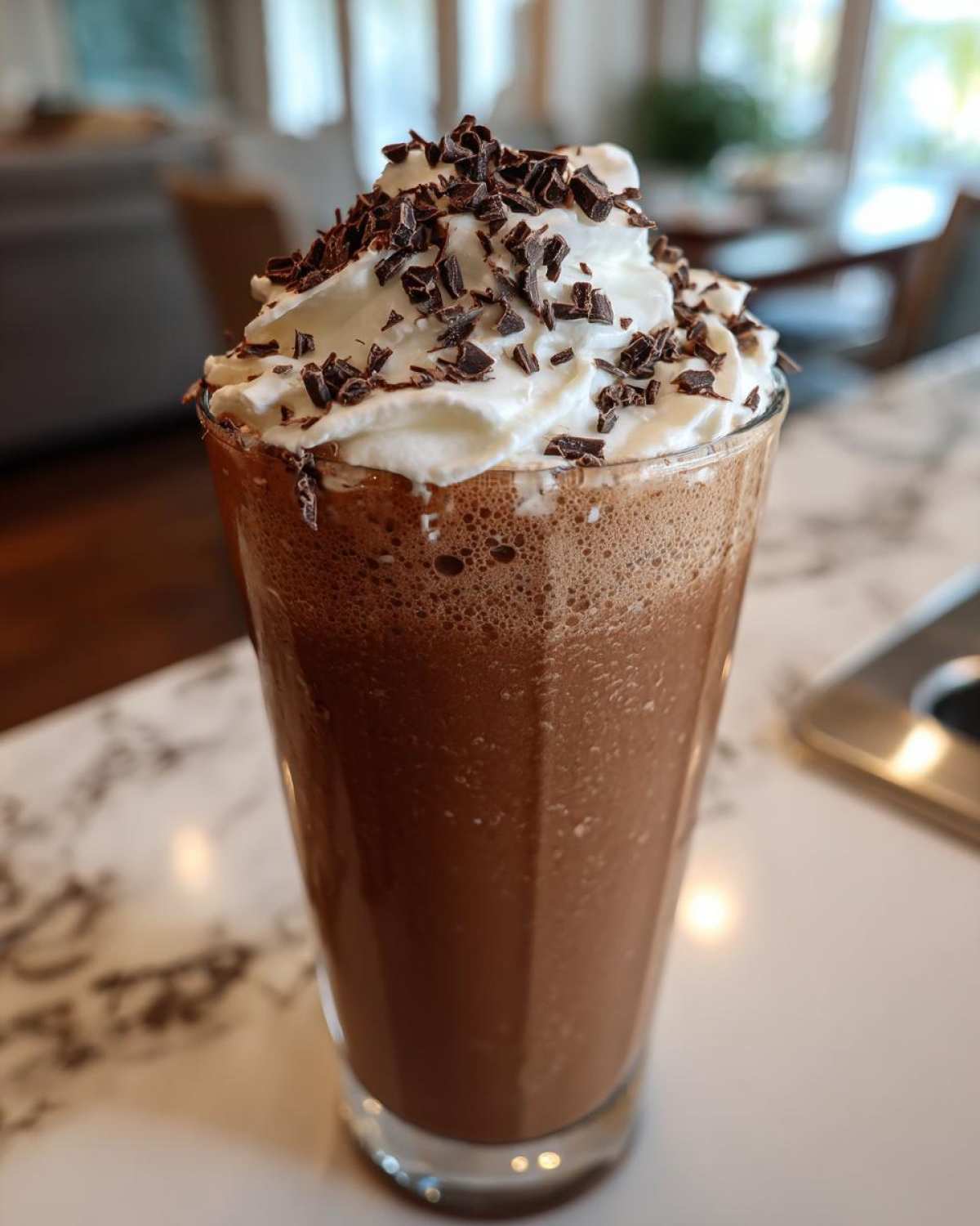 A tall glass filled with blended frozen hot chocolate, topped high with whipped cream and chocolate shavings.