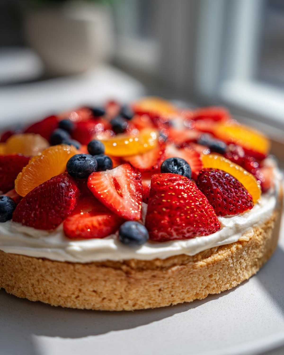 A close-up of a delicious fruit pizza sugar cookie base topped with white frosting, fresh strawberries, blueberries, and orange slices.