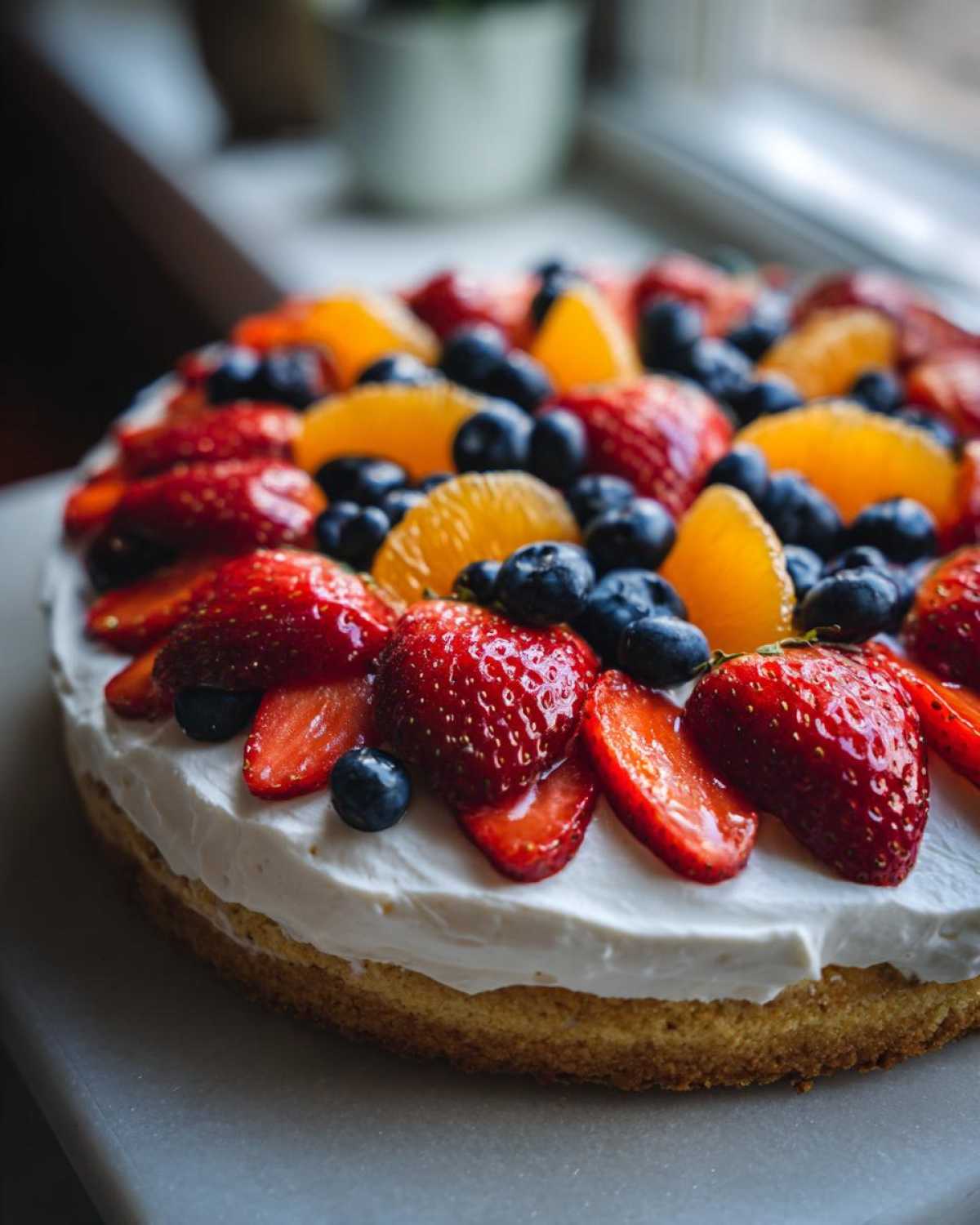 Close-up of a fruit pizza sugar cookie base topped with white frosting, strawberries, blueberries, and orange slices.