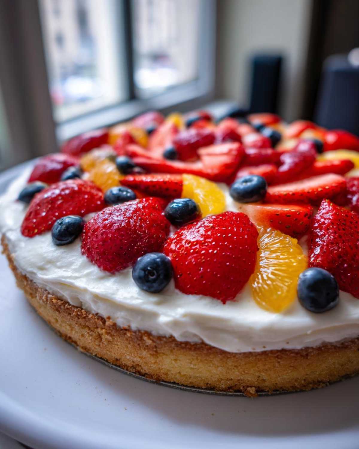 Close-up of a delicious fruit pizza sugar cookie topped with cream cheese frosting, strawberries, blueberries, and orange segments.
