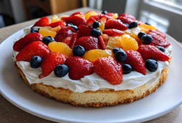 A close-up of a fruit pizza sugar cookie topped with whipped cream, strawberries, blueberries, and mandarin orange slices.