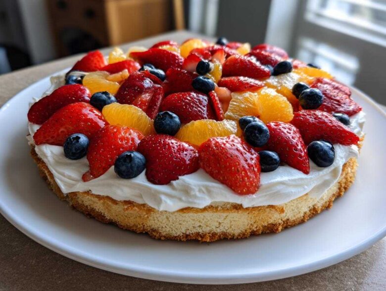 A close-up of a fruit pizza sugar cookie topped with whipped cream, strawberries, blueberries, and mandarin orange slices.