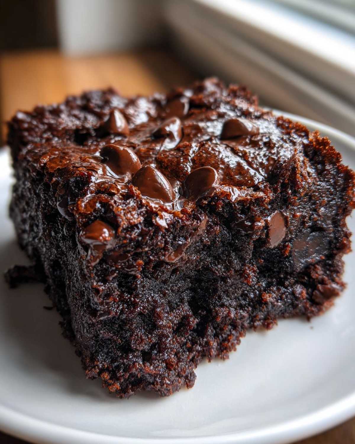 Close-up of a rich, fudgy square of black bean brownies topped with melted chocolate chips on a white plate.