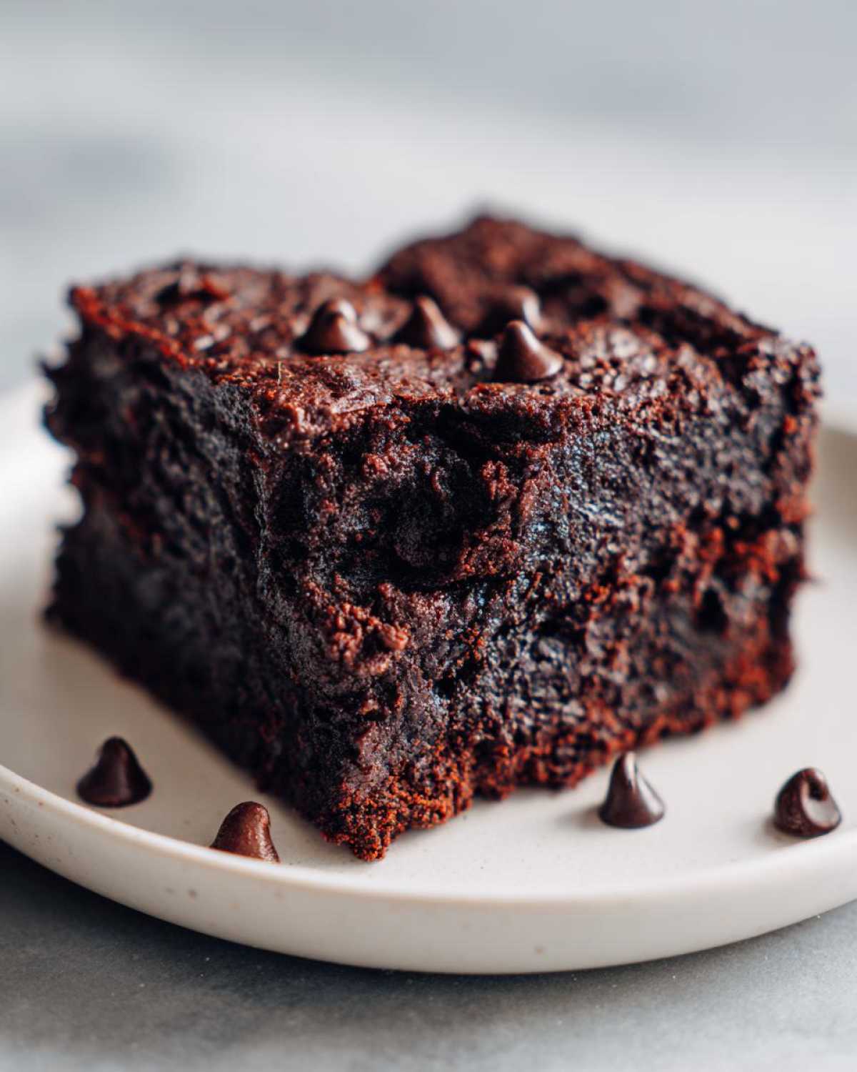 A close-up of a fudgy, dark chocolate sweet potato brownies square topped with chocolate chips.