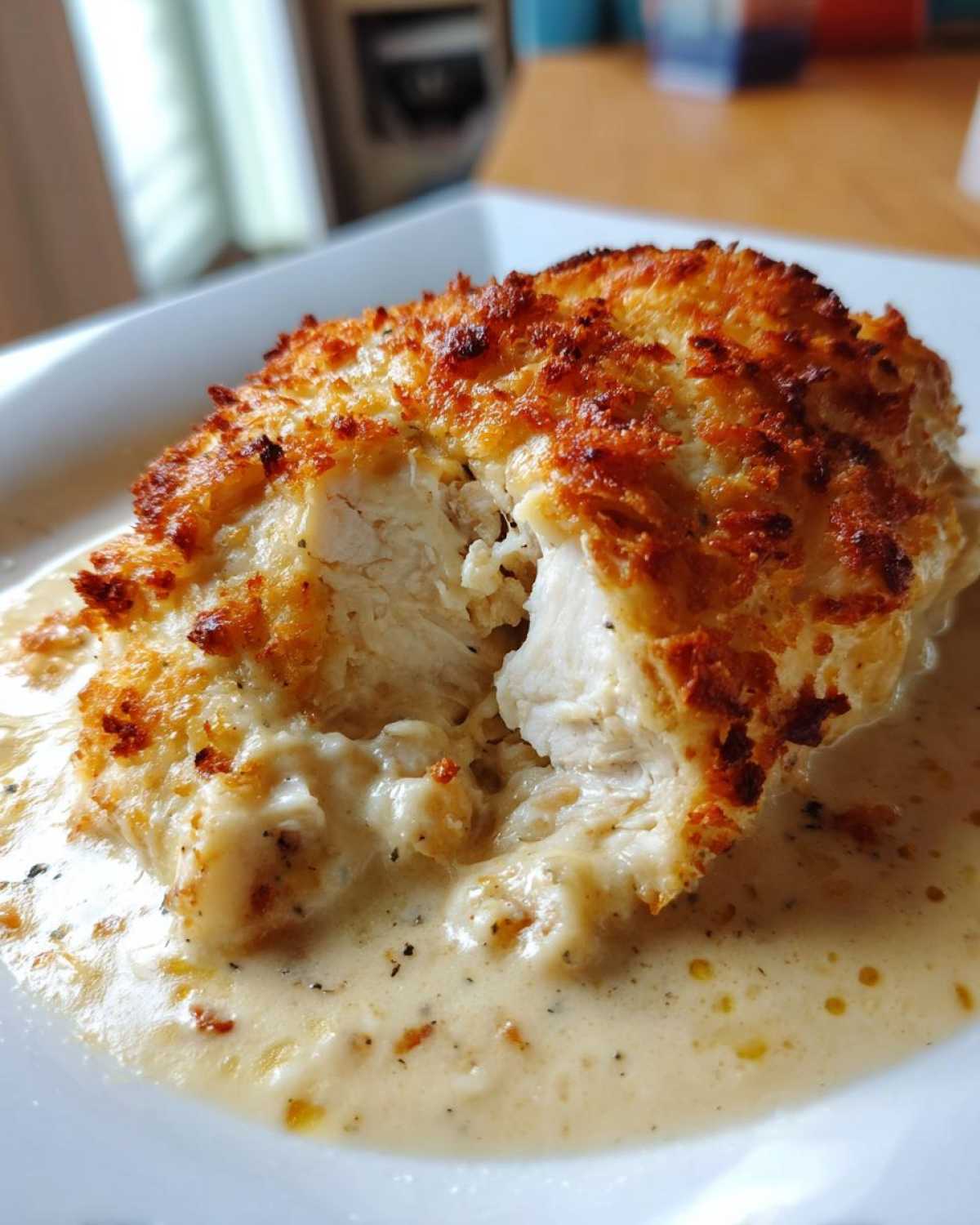 Close-up of a Garlic Parmesan Chicken Bake showing the crispy topping and moist interior submerged in creamy sauce.