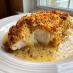 Close-up of a juicy Garlic Parmesan Chicken Bake, showing the white interior and golden, crispy topping resting in a creamy sauce.