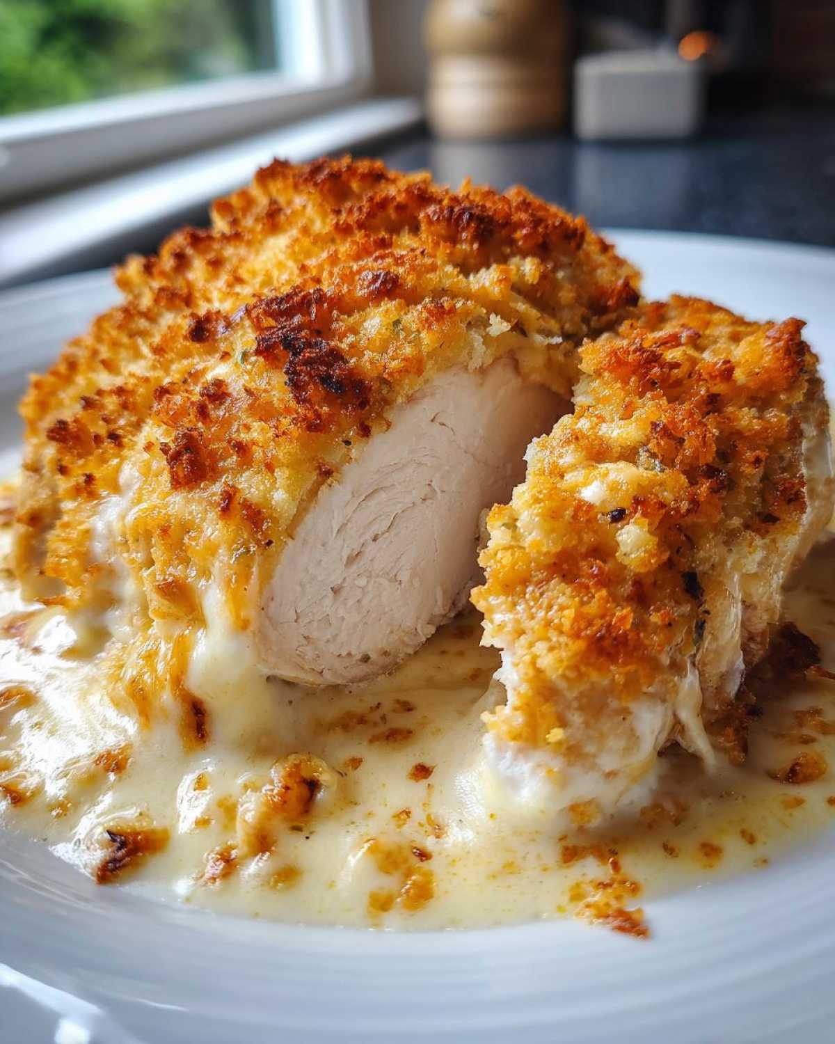 Cross-section of a juicy Garlic Parmesan Chicken Bake showing white meat and crispy topping in cheese sauce.