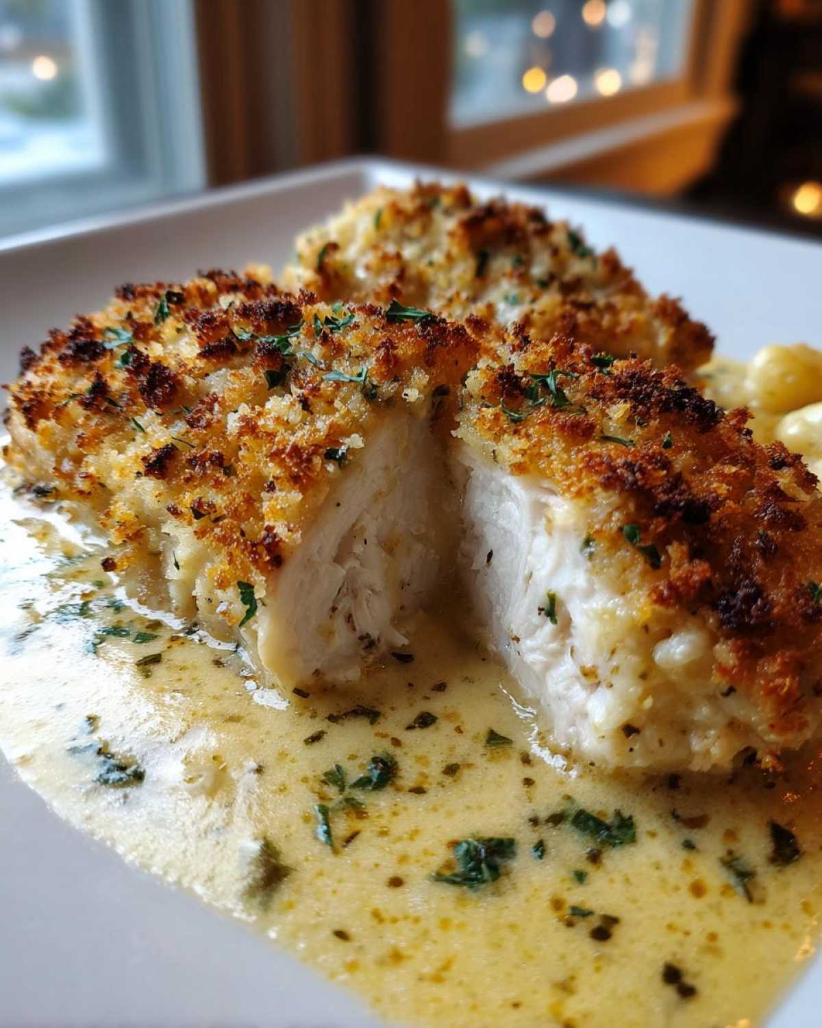 A close-up of a Garlic Parmesan Chicken Bake, sliced open to show the juicy white meat, resting in a creamy garlic sauce.