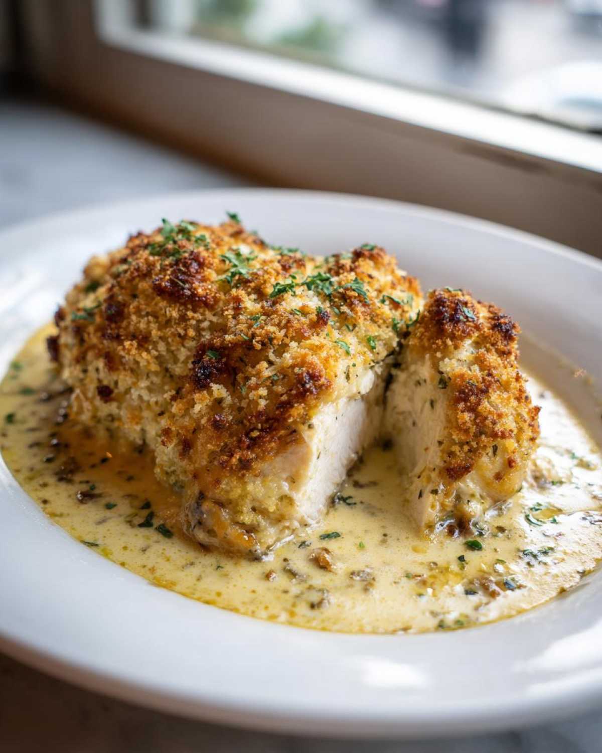 A cross-section of Garlic Parmesan Chicken Bake showing juicy white meat under a crispy topping, served in a creamy sauce.