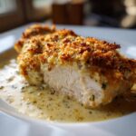 Cross-section of a juicy Garlic Parmesan Chicken Bake with a golden, crispy topping served in creamy sauce.