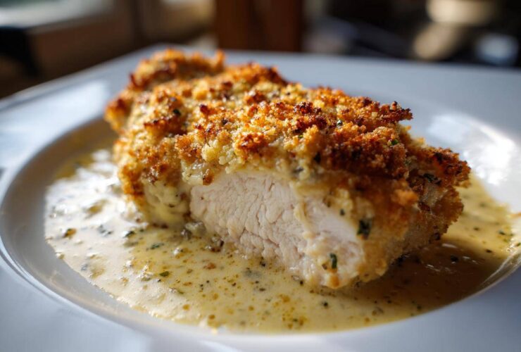 Cross-section of a juicy Garlic Parmesan Chicken Bake with a golden, crispy topping served in creamy sauce.