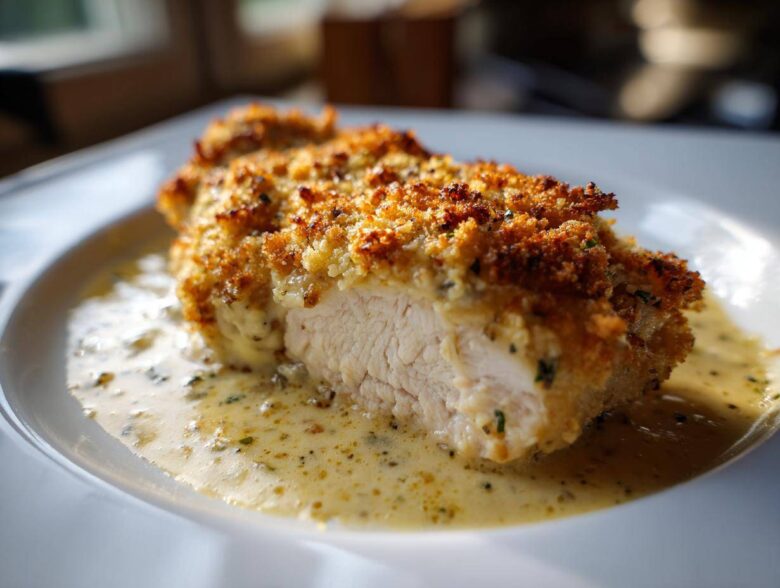 Cross-section of a juicy Garlic Parmesan Chicken Bake with a golden, crispy topping served in creamy sauce.