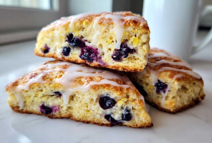 Three freshly baked blueberry scones drizzled with white lemon glaze, stacked on a marble surface next to a white mug.