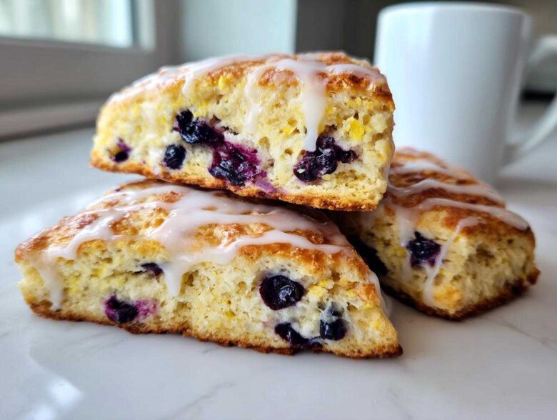Three freshly baked blueberry scones drizzled with white lemon glaze, stacked on a marble surface next to a white mug.