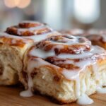 Close-up of several freshly baked cinnamon rolls topped with thick, dripping white icing.