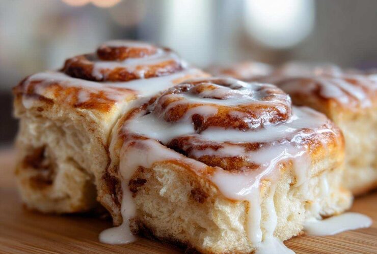 Close-up of several freshly baked cinnamon rolls topped with thick, dripping white icing.