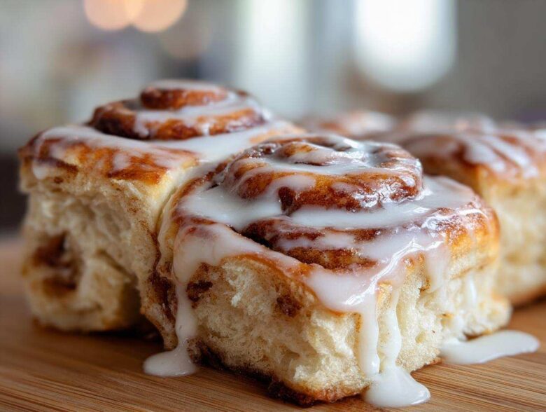 Close-up of several freshly baked cinnamon rolls topped with thick, dripping white icing.