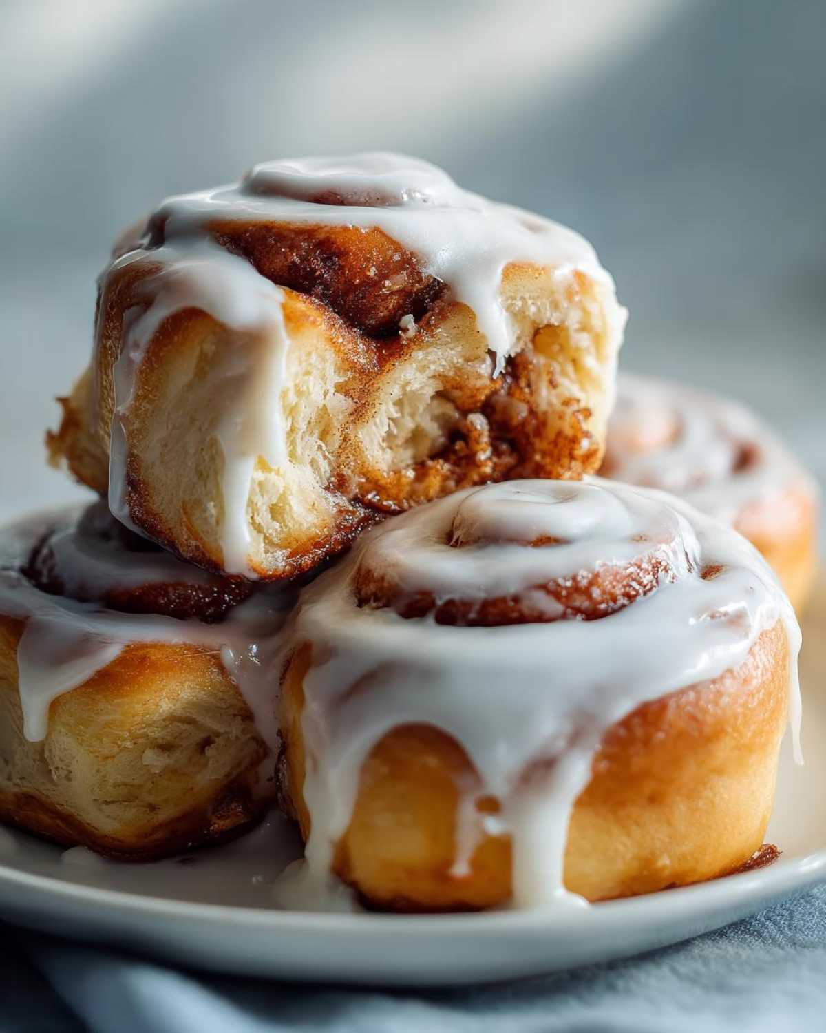 Close-up of a stack of gooey, freshly baked cinnamon rolls generously covered in white icing.