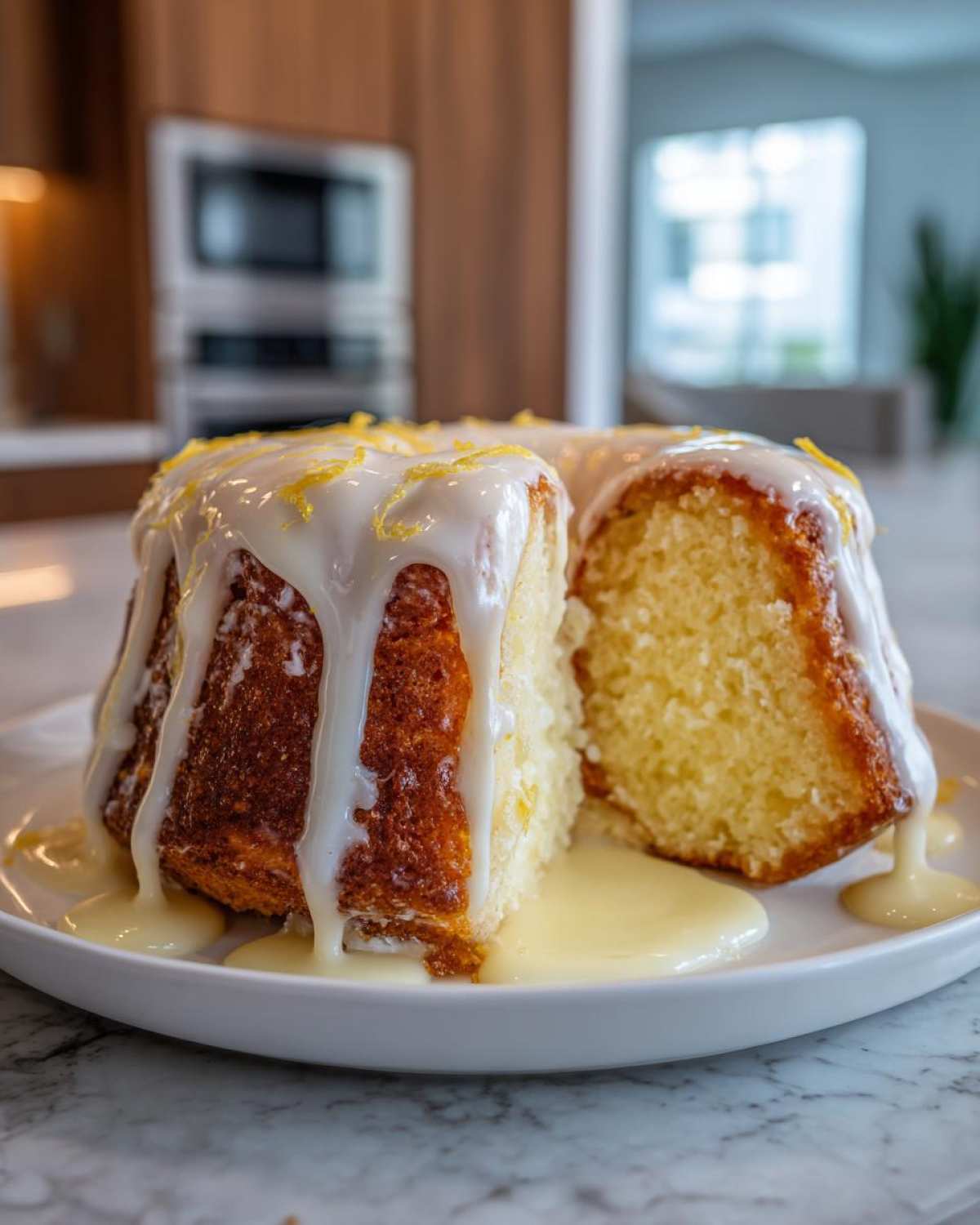 A moist lemon pound cake with thick white glaze and lemon zest, sitting on a white plate with a slice cut out.