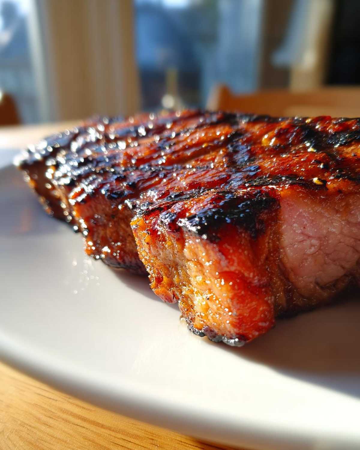 Close-up of a perfectly grilled and glazed pork steak recipe resting on a white plate.