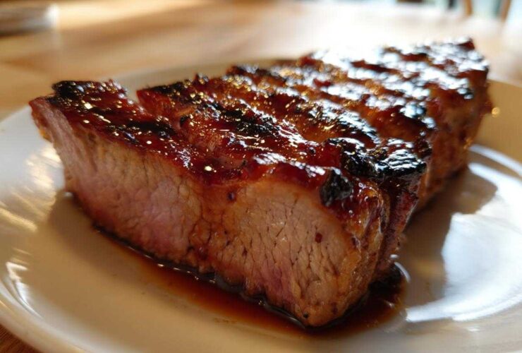 Close-up of a thick, juicy pork steak recipe cut, featuring a dark, glossy glaze and pink center.