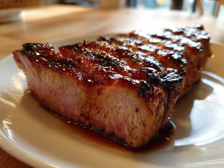 Close-up of a thick, juicy pork steak recipe cut, featuring a dark, glossy glaze and pink center.