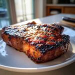 Two beautifully caramelized and glazed pork steak recipe portions resting on a white plate, highlighted by bright sunlight.