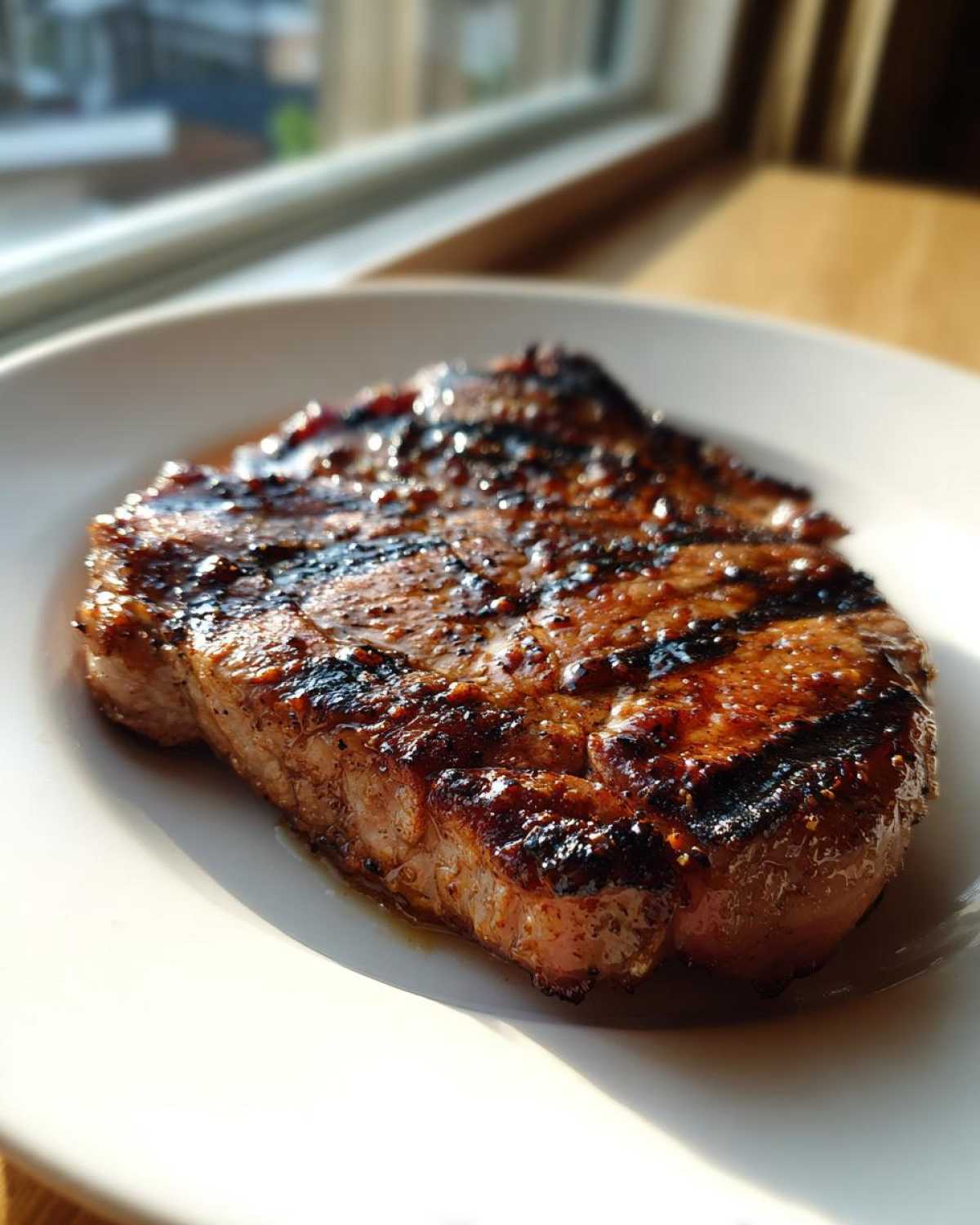 A juicy, grilled pork steak recipe cut, showing dark grill marks and a caramelized glaze, served on a white plate.