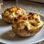 Two halves of twice baked potatoes stuffed with creamy filling, melted cheddar cheese, and crispy bacon bits.