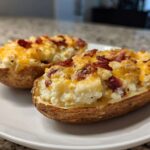 Two halves of twice baked potatoes loaded with creamy filling, melted cheddar cheese, and crispy bacon bits.